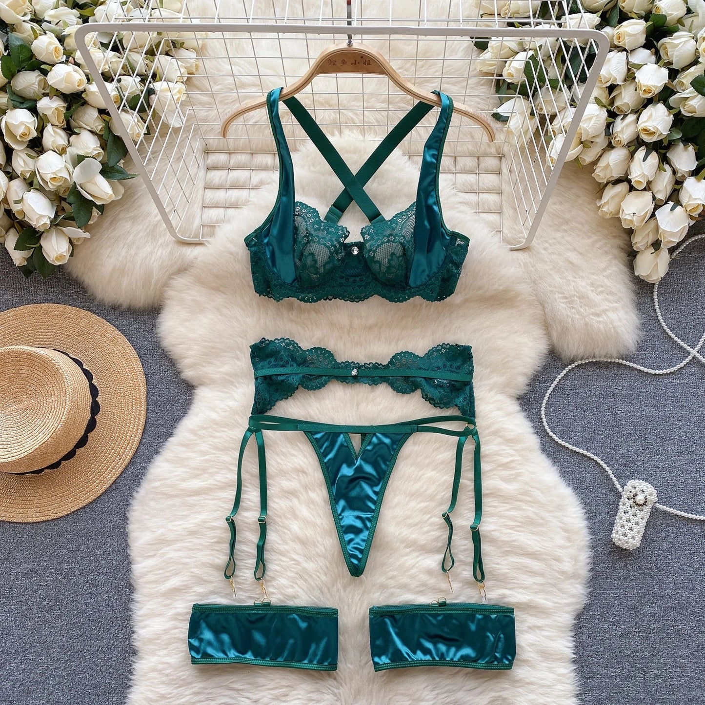 2023 Embroidery  Sleepwear Mesh Lace Three Pieces Suits Strap Mini Bra+Garter+Thongs Sexy Underwear Sets Wanita