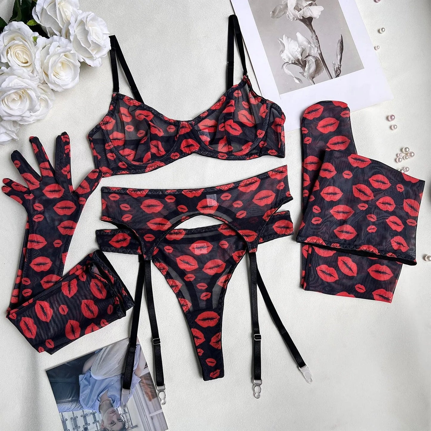 Lencería de labios rojos, ropa interior de encaje Sensual, conjunto de Bilizna transparente de 5 piezas, artículos íntimos sin costuras, conjunto de lujo 