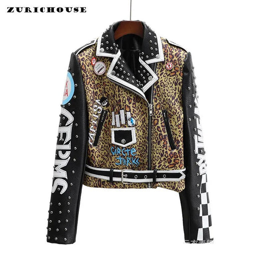 Punk Rivets veste en cuir recadrée pour femmes 2023 tendance Streetwear Patchwork imprimé léopard veste de moto en Faux cuir