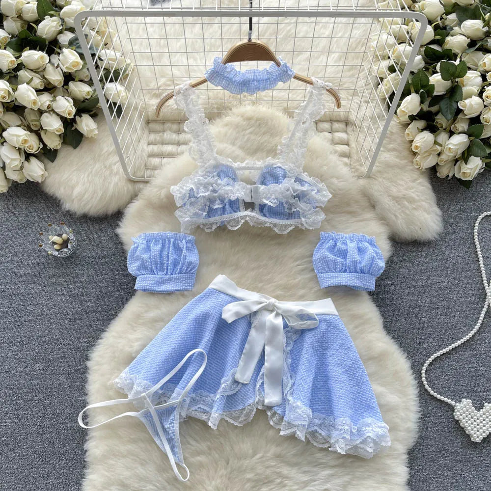 Maidservant Apron Dress Ladies Lace Sweet  Three Pieces Sets Fashion Korean Style Plaid Cosplay Sexy Night Suits Wanita