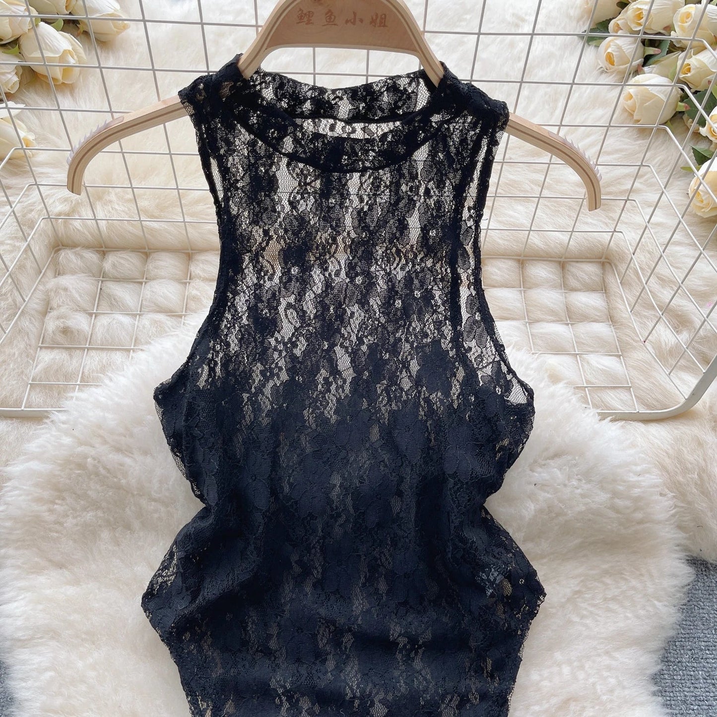 Wanita Transparent Lace Bodysuits O Neck Sleeveless Open Cortch Sensual Slim Nightwear 2023 Women Sheer  Sexy Playsuits