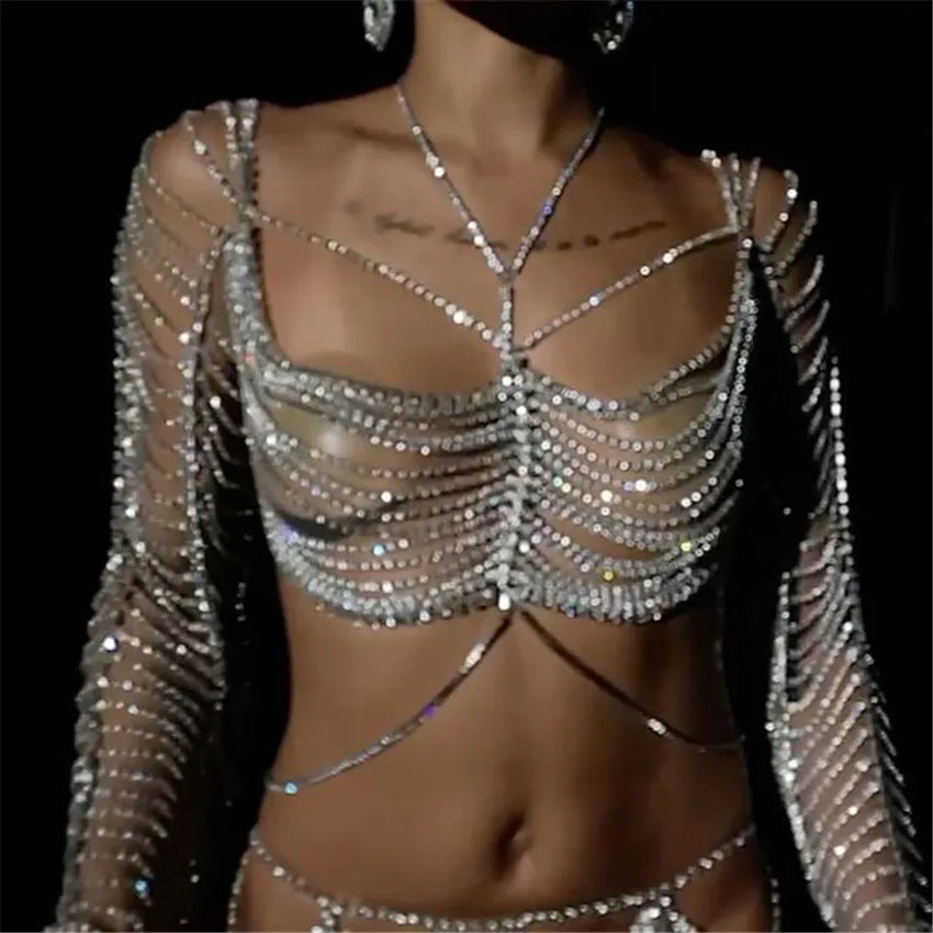 Chaîne de corps en strass pour femmes, bijoux de luxe, haute qualité, Sexy, mode fête, Bikini, harnais, soutien-gorge et jupe, accessoires, cadeau, 2022