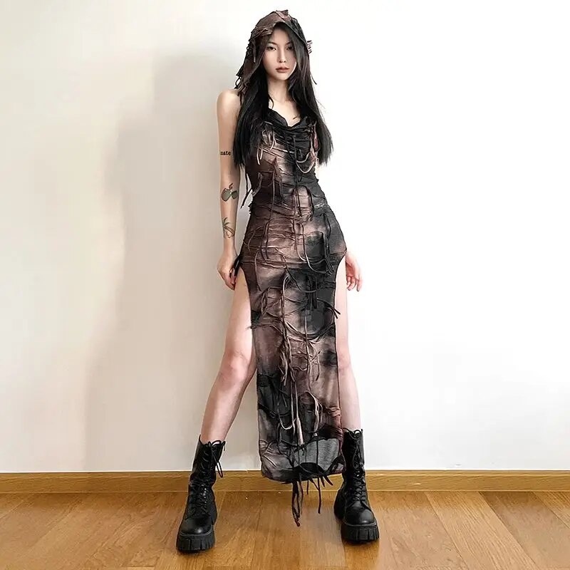 Wasteland estilo Irregular hecho viejo Vintage Tie Dyed vestido con capucha mujeres verano sin mangas Slim Fit borla Split vestido largo tendencia