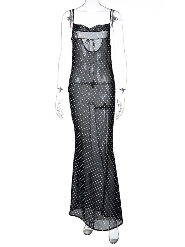 Sibybo – robe longue transparente à pois pour Femme, tenue longue à lacets, dos nu, Sexy, élégante, maille transparente, tenue de plage, de soirée, été