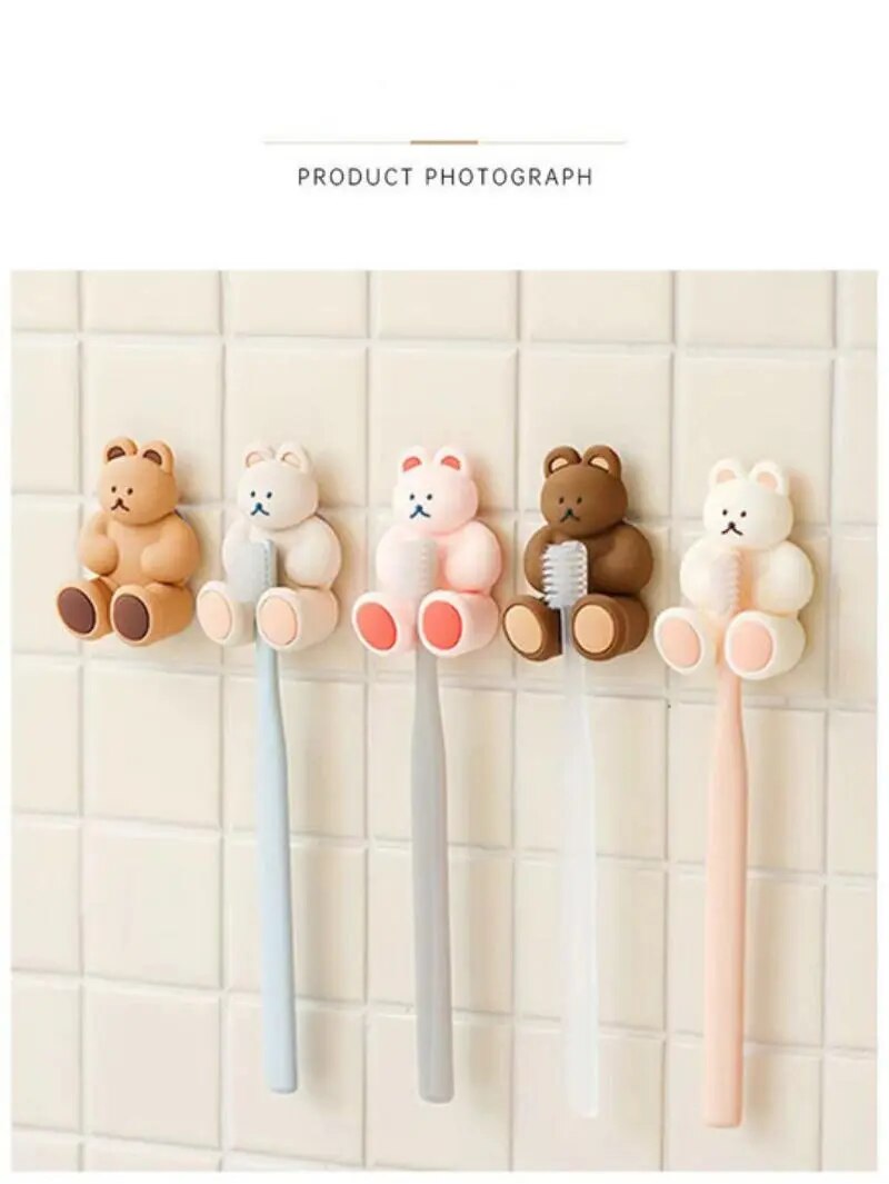 Cute Three Dimensional Bear Silicone Suction Cup Toothbrush Holder Bathroom Perforation Free Wall Toothbrush Holder Hanging