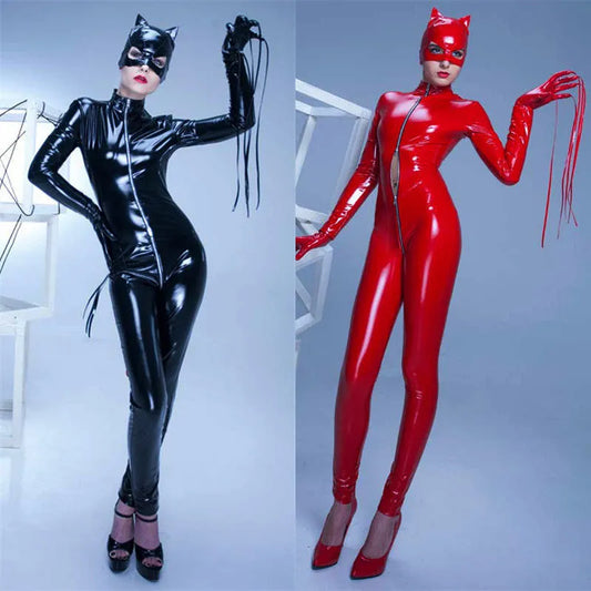 Catsuit de piel sintética para mujer, traje de látex de PVC brillante, Sexy, con cremallera frontal, entrepierna abierta, ropa de discoteca Zentai de baile en barra