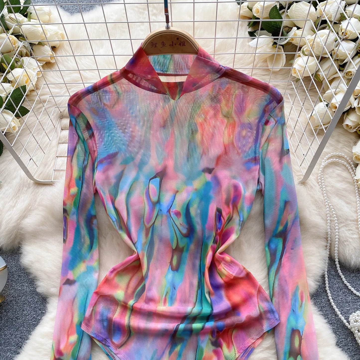 2023 Transparent Mesh Sexy Bodysuits Printing And Dyeing Open Crotch Sheath Rompers Fashion Sheer Print Slim Playsuits Wanita