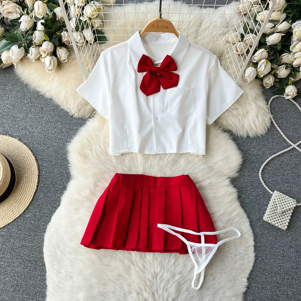 Traje de Cosplay para mujer, Camisa corta con cuello de solapa, minifalda a cuadros y tangas, ropa de dormir Sexy de estilo preppy 2023 Wanita