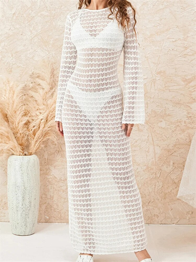 CHRONSTYLE – robe longue tricotée au Crochet pour femmes, manches longues, col rond, dos nu, couleur unie, ajourée, tenue de plage