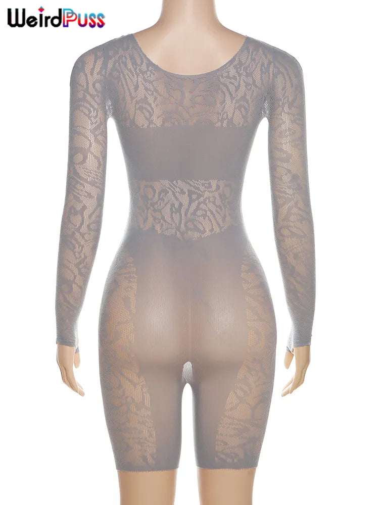 Weird Puss Sexy Playsuit Women See Through Hollow Diamond Summer Thin Long Sleeve Romper Stretch Midnight Party Clubwear Workout