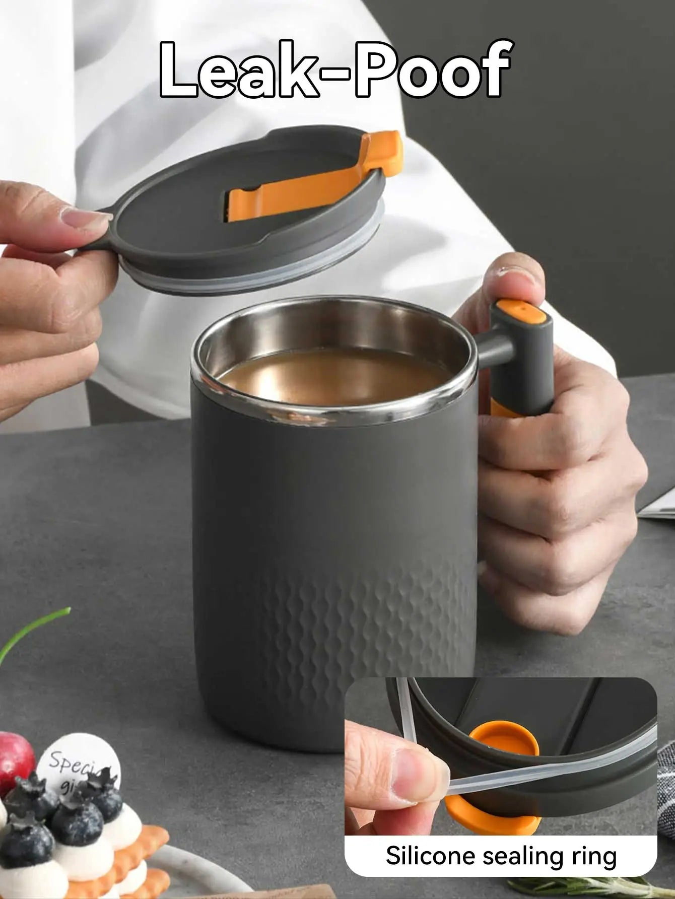 WORTHBUY – tasse à café en acier inoxydable 18/8, avec couvercle, tasse à café à Double paroi avec poignée, verres résistants à la chaleur