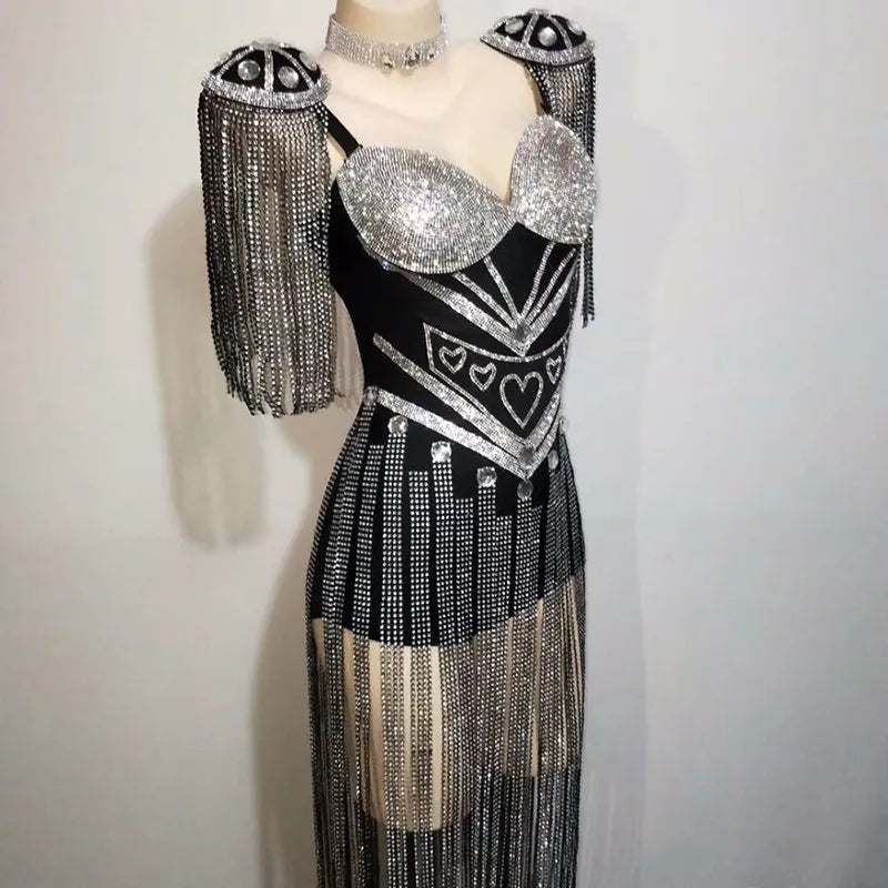 Tenue Sexy à franges scintillantes pour femmes, Costume de justaucorps à franges et épaulettes en cristaux, vêtements de danse de chanteur de fête sur scène