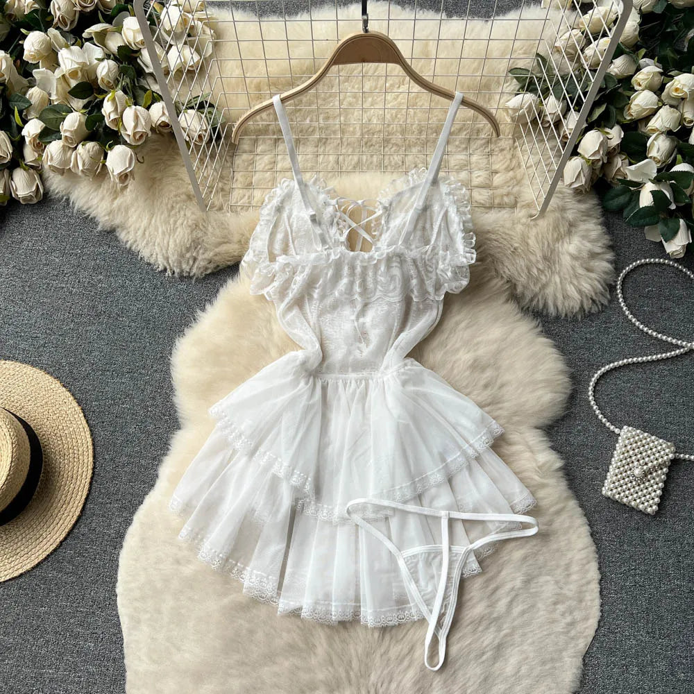 2023 Ruffles Sweet Cake Sheer Dress Women Strap Lace Up Backless Mesh Sexy Nightdress+Thongs   Nightwear Wanita