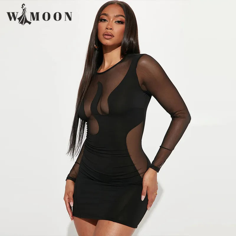 Long Sleeve Mesh Patchwork Bodycon Mini Dress Women Party Club Tight Short Dresses 2023 Autumn Female Clothing Streetwear Black