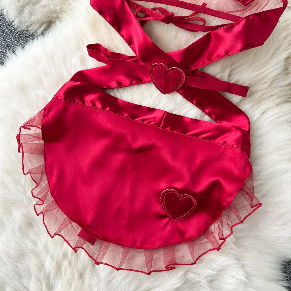 Wanita-camisón transparente con agujeros para mujer, minivestido Sexy con empalme de malla transparente, delantal de amor, Mini ropa de dormir para Cosplay