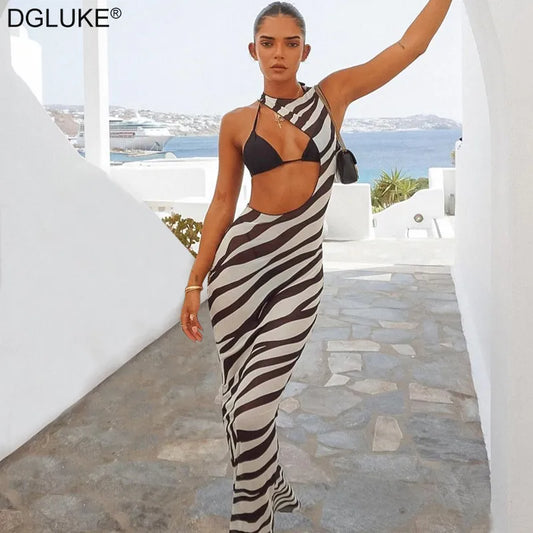 Robe de plage longue imprimée zèbre, Cover-up Sexy en maille transparente, Maxi, rayée, découpée, moulante, pour vacances, été, 2023