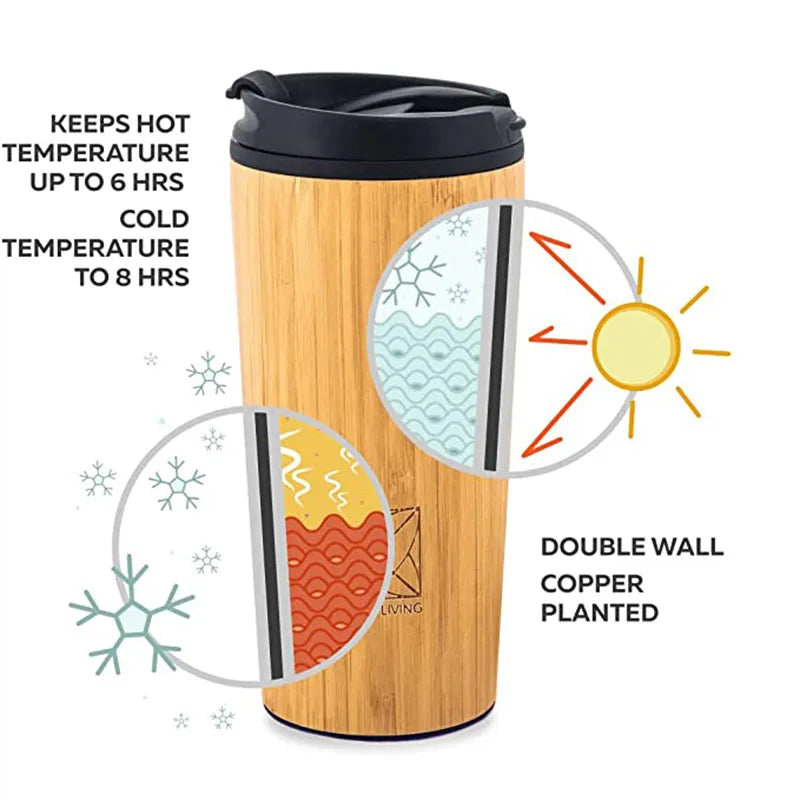 450ml Bamboo Coffee Cup Stainless Steel Thermos Water Bottle Flip Lid Eco-Friendly Travel Cup Portable For Retirement Gift