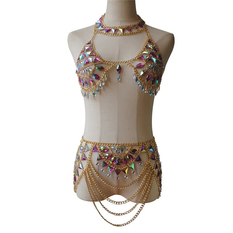 Tenues Sexy pour femmes, Mini jupe à pampilles en cristal brillant, danse du ventre, chaîne corporelle, haut court, Festival, Rave, fête, Clubwear, ensemble assorti