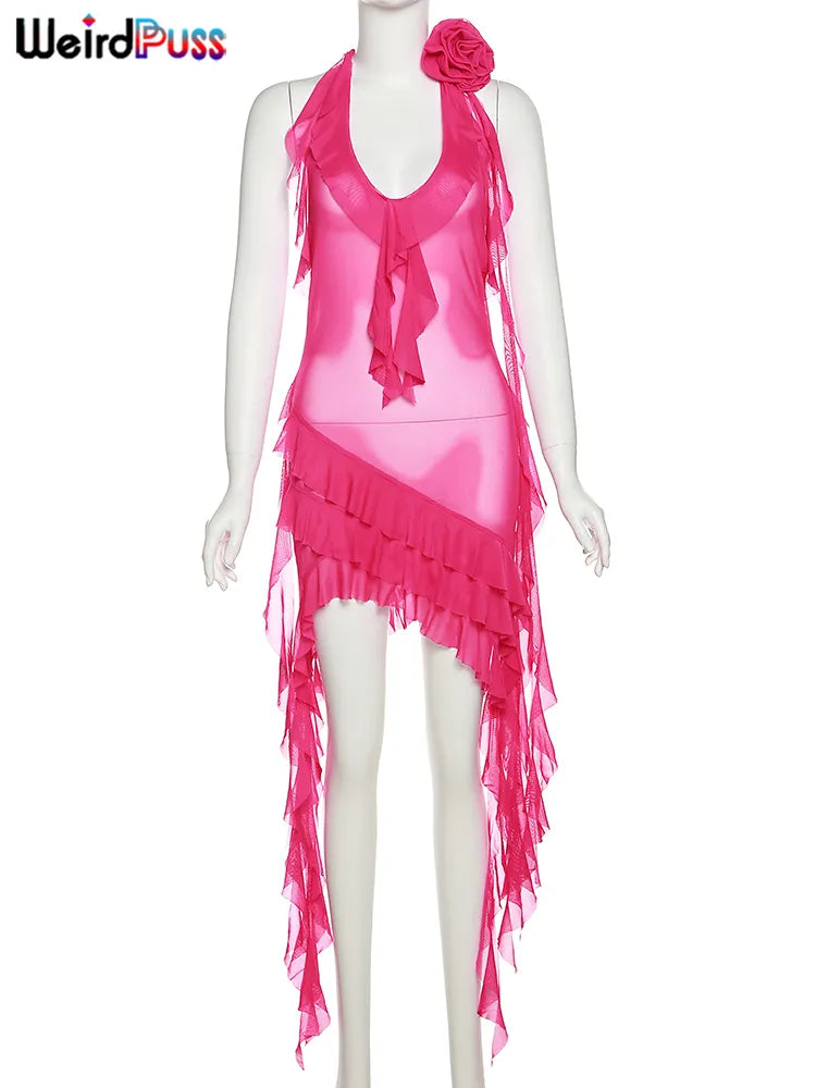 Weird Puss-vestido de fiesta con borlas para mujer, escote en V profundo, sin mangas, volantes, ajustado, transparente, elástico Irregular, ceñido al cuerpo, verano 2023