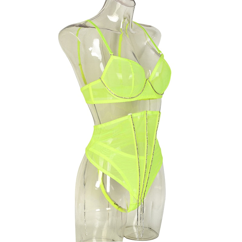 Lencería con diamantes de imitación y cintura para mujer, ropa interior Sensual de encaje transparente con borlas brillantes, íntima Sexy sin censura