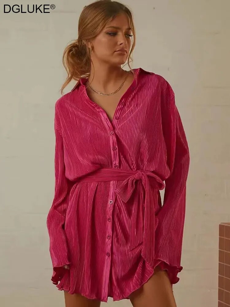 Robe chemise verte à manches longues, imprimé Floral, plissée, décontractée, Mini, Sexy, robes de plage, de fête, automne et hiver