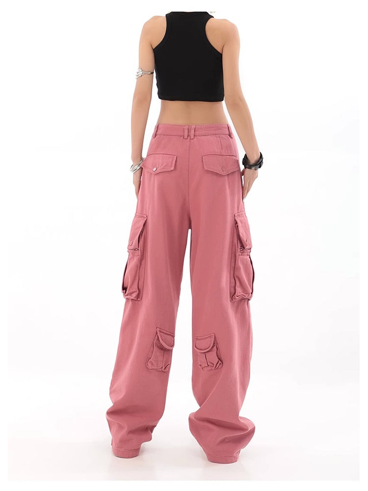 Pantalones Cargo rosas, ropa estilo informal, pantalones vaqueros rectos de cintura alta, moda Harajuku para mujer, pantalones vaqueros holgados de pierna ancha Y2K