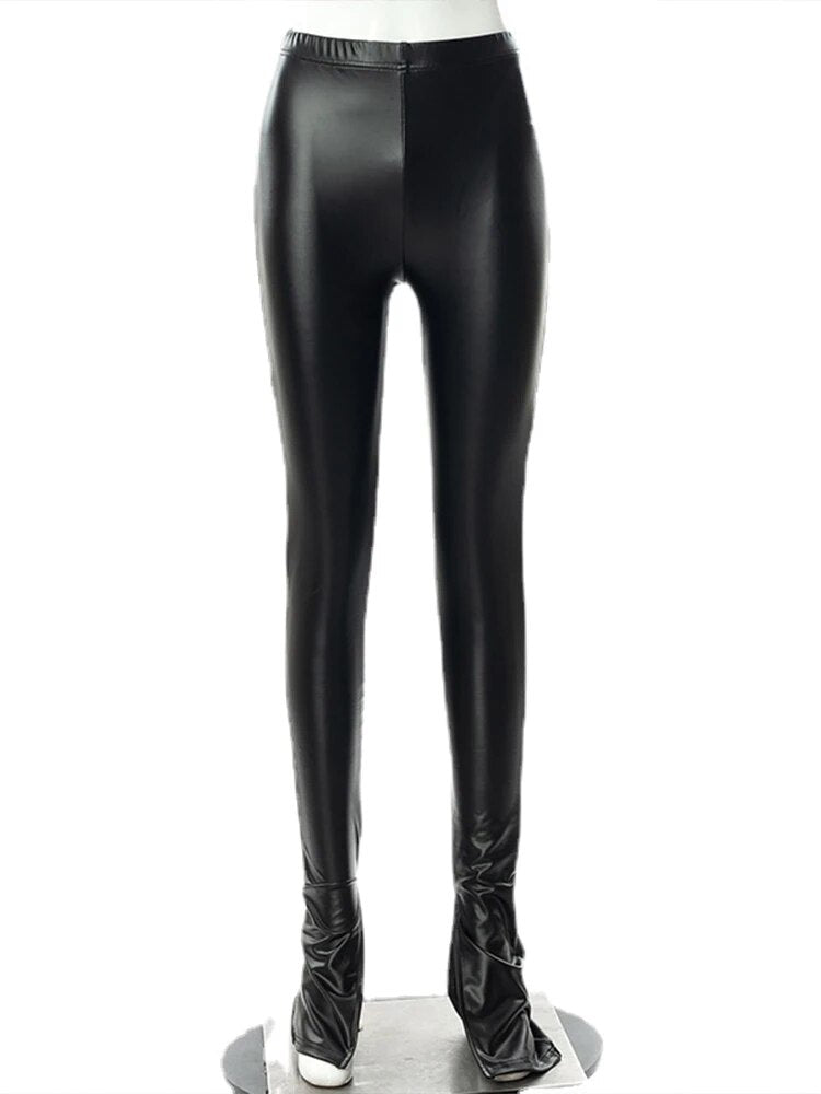 Leggings en cuir PU pour femmes, Sexy, ajouré, complet, décontracté, couleur unie, taille haute, Push-Up, Slim, extensible, pantalon évasé noir, nouveau, 2023