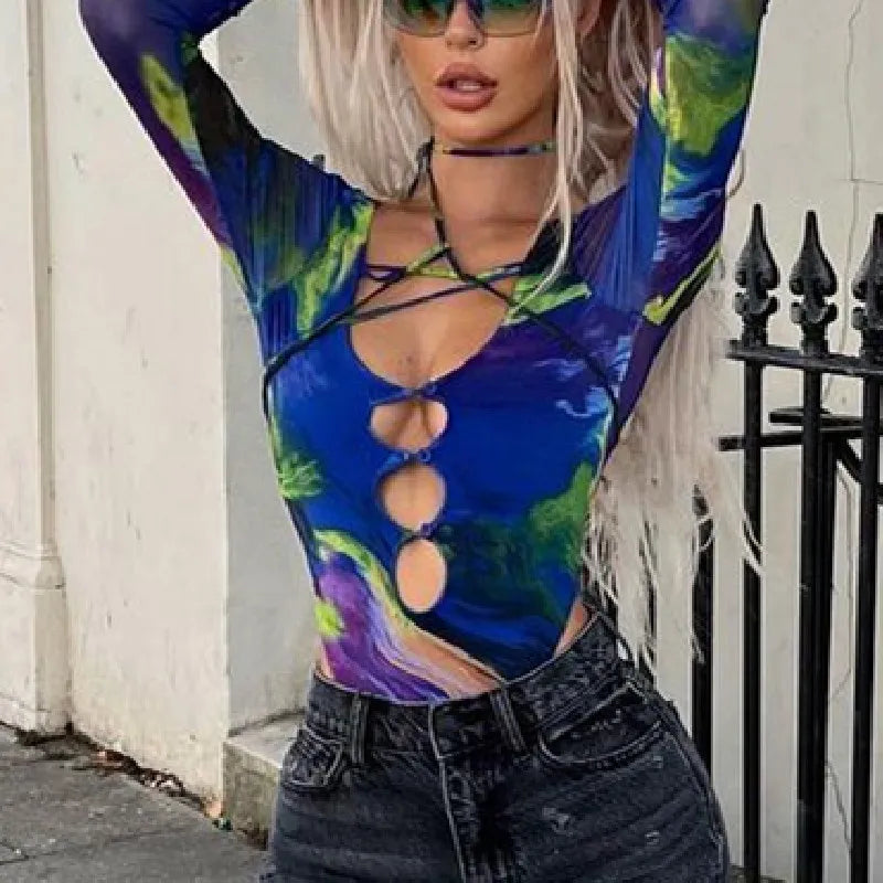 Xeemilo Aesthetic Tie-dye Hollowed Bodysuit Sexy Deep V-neck  Bodycon Bodice 2023 Autumn Party Club Long Sleeve Bodysuits