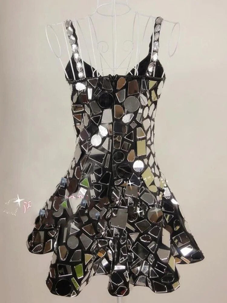 2023 Silver Mirror Dress Sexy Stage Costume Women Festival Outfit Nightclub Bar Singer Dj Ds Performance Clothing Handmade