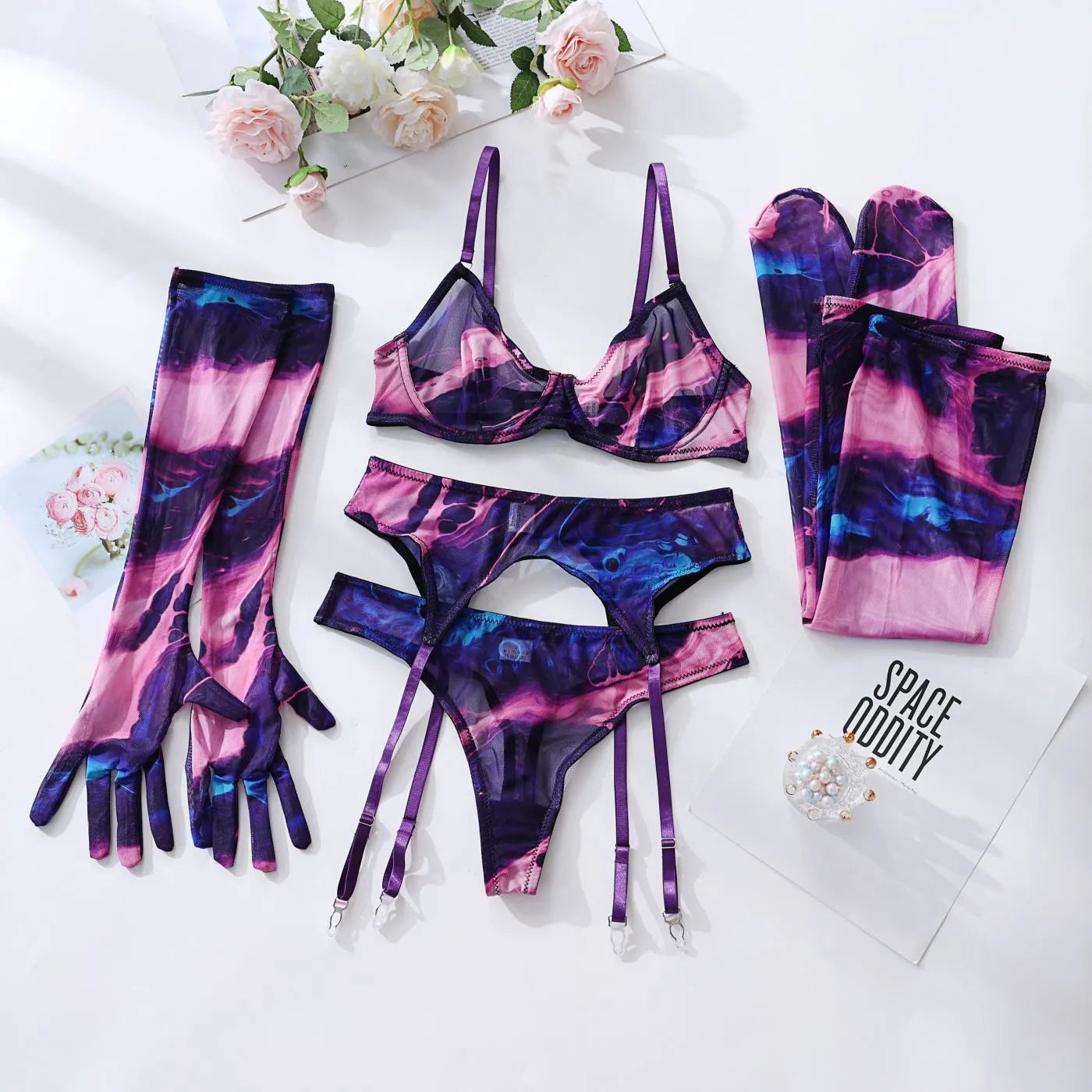 Tie Dye Lingerie With Stocking Gloves Sleeve Sexy Underwear 5-Piece Intimate See Through Mesh Sensual Outfit