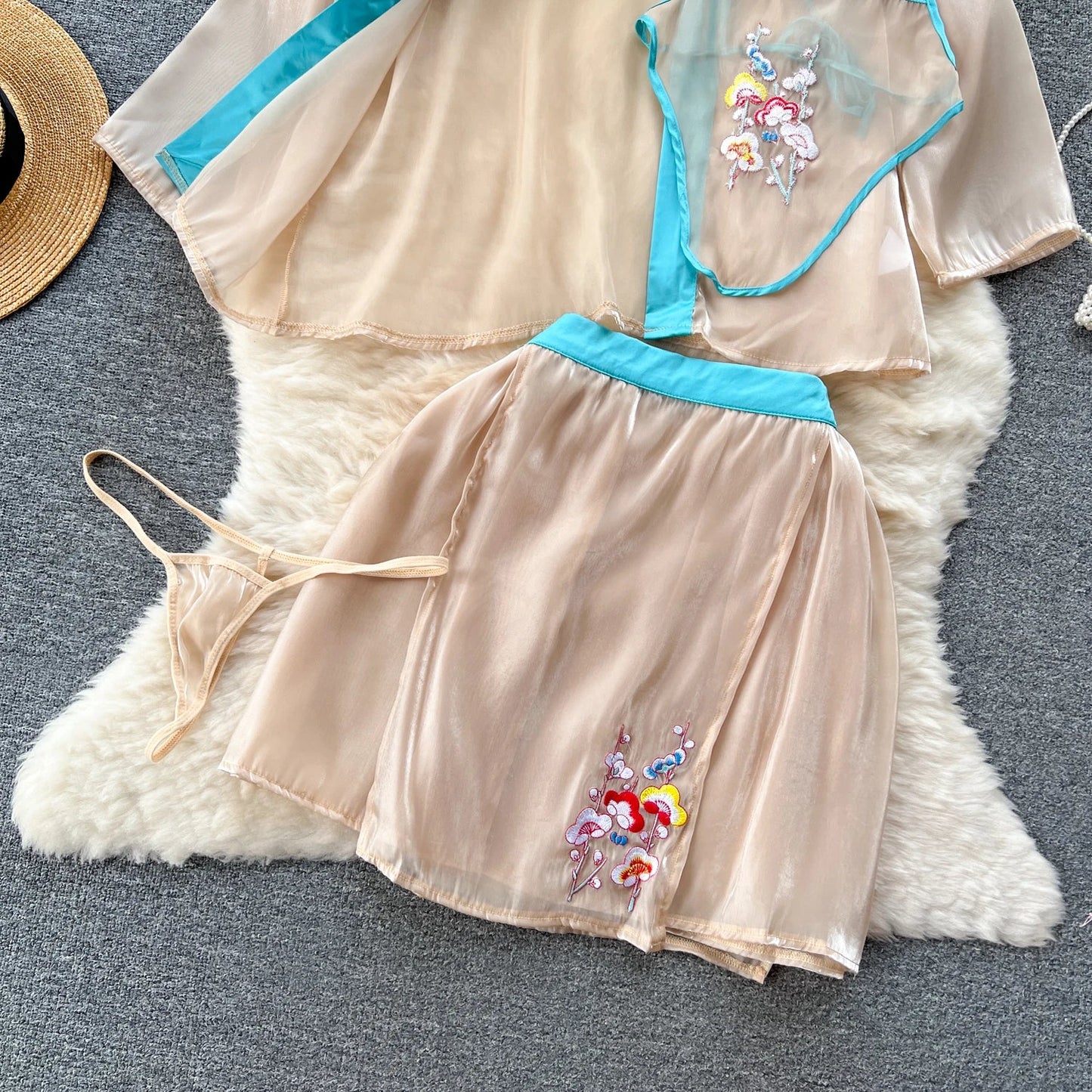 Vintage Embroidery Sexy Night Suits Female Loose Floral Camis+Mini Skirt+Thongs Chinese Style Cosplay Sheer Nightwear Wanita