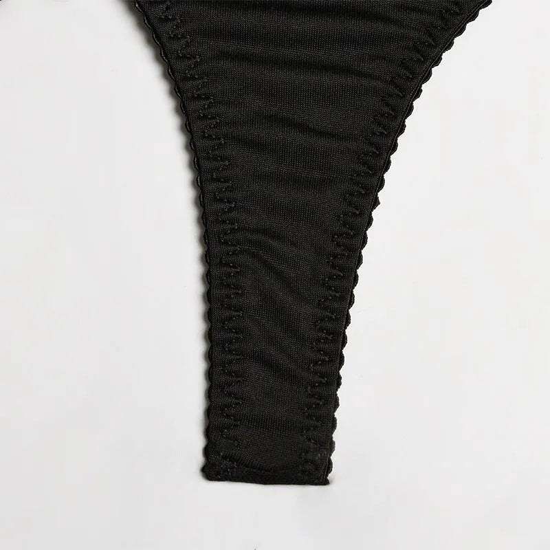 Ensemble de soutien-gorge noir 3 pièces pour femmes, sous-vêtements d'épissure en maille avec anneau de jambe, ensemble de sous-vêtements Sexy