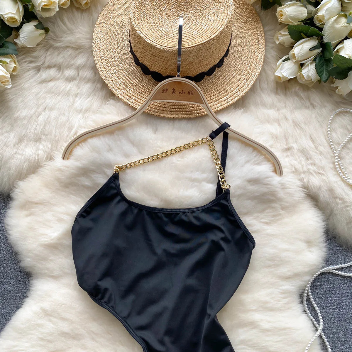 Women Hollow Out Sensual Playsuits Summer Chain Design Strap Backless Slim Swimsuit Fashion Y2K Elastic Sexy Bodysuits Wanita