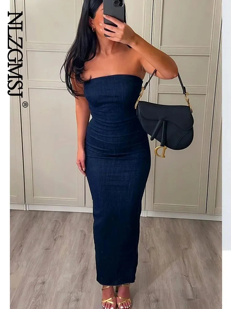 Nlzgmsj TRAF Sexy bretelles dos nu fermeture éclair robe fendue fête bleu Denim femme longue robe pour les femmes robes de soirée d'été