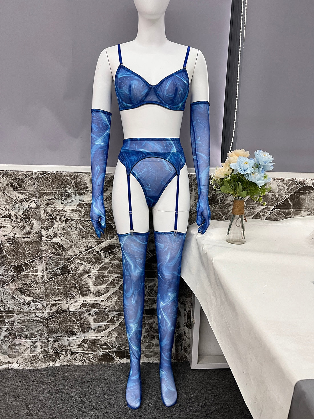 Lingerie teinture par nouage avec manches de bas, sous-vêtements fantaisie Sexy, 5 pièces, non censurée, intime, transparente, en maille, tenues sensuelles