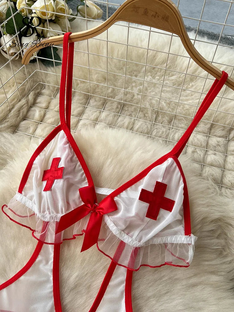 Nurse Cosplay Mesh Sexy Nightwear Women Strap Elastic Mini  Pajamas Dress+Thongs Backless Sensual Night Dress Wanita