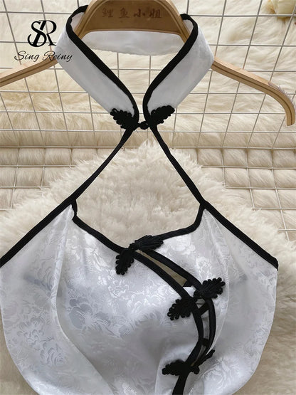 Camisón Vintage de estilo chino con abertura para mujer, ropa de dormir Sensual con cuello Halter, sin mangas y espalda descubierta, con cordones, vestido Sexy para Cosplay Wanita