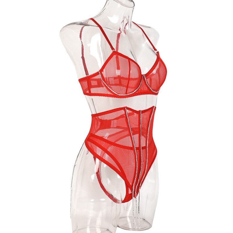 Lencería con diamantes de imitación y cintura para mujer, ropa interior Sensual de encaje transparente con borlas brillantes, íntima Sexy sin censura