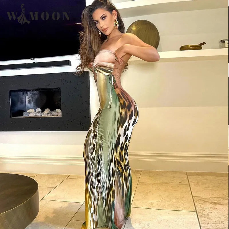 Sexy Leopard Pattern One Shoulder Slip Maxi Dress 2023 Spring Summer Hollow Out Long Suspender Gowns for Women Evening Dresses