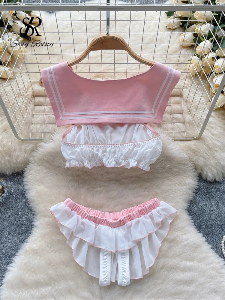 2023 Preppy Style Sweet Sexy Outfit Sailor Collar Sleeveless Short Top+Sheer Skirt Open Crotch   Night Suits Wanita