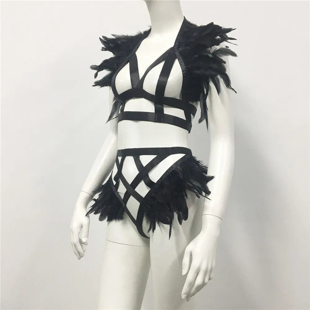 Conjunto de arnés de plumas gótico Punk para mujer, camisetas sin mangas caladas para club nocturno, lencería Sexy, fiesta Rave, fiesta de carnaval, trajes de 2 piezas 