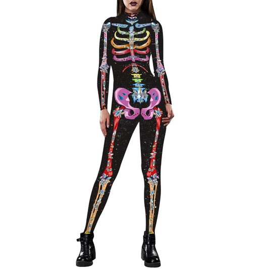 Women's Turtleneck Simulation 3D Printing Zip Bodysuit Full Body Bodysuit Halloween Costume Pearl Back Jumpsuit