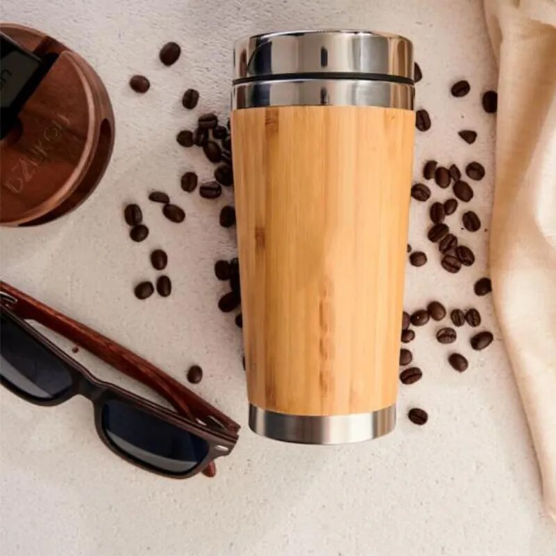 450ml Bamboo Coffee Cup Stainless Steel Thermos Water Bottle Flip Lid Eco-Friendly Travel Cup Portable For Retirement Gift