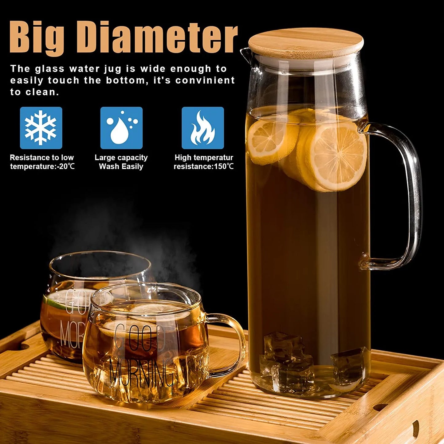 1.5L Glass Water Pitcher With Handle Bamboo Lid Heat Resisttant Cold Hot Kettle Large-capacity Tea Pitcher Water Juice Jug