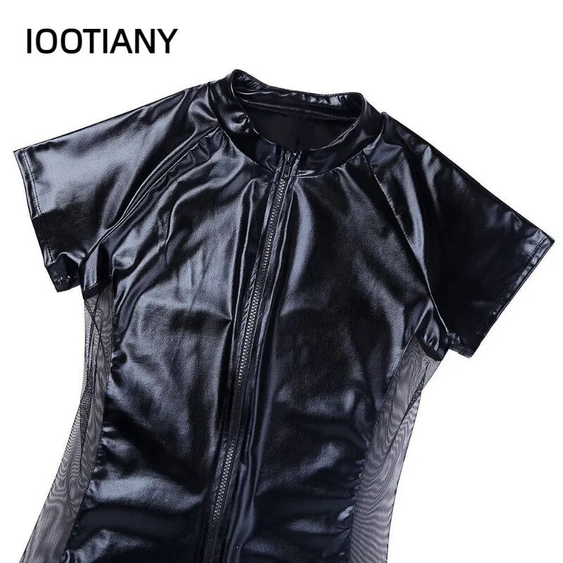 Wetlook Latex Catsuit cuir homme combinaisons noir Stretch PU cuir body Sexy Clubwear hommes fermeture éclair entrejambe ouverte Catsuit