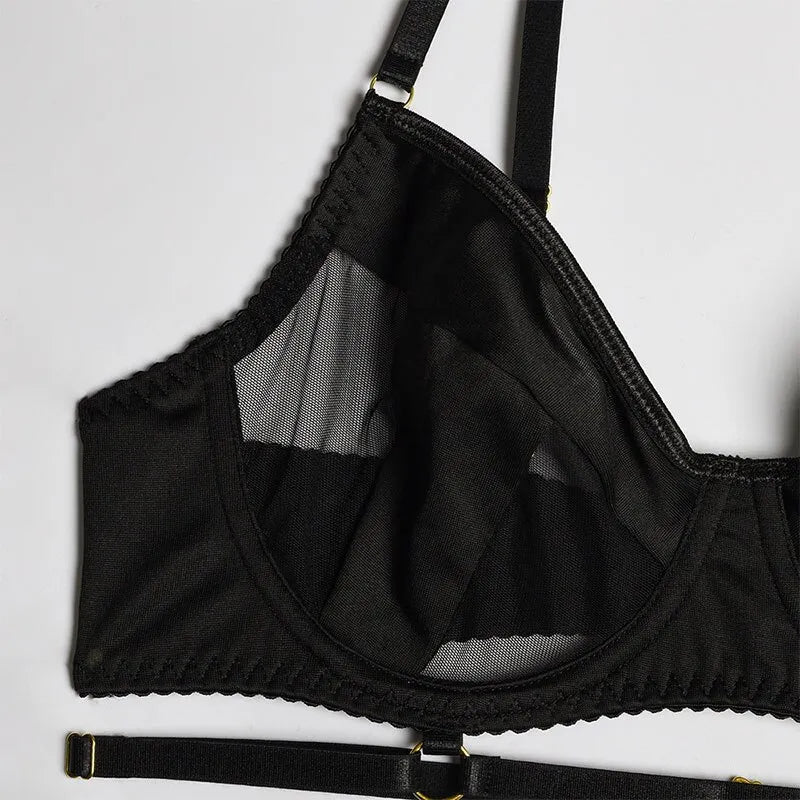 Ensemble de soutien-gorge noir 3 pièces pour femmes, sous-vêtements d'épissure en maille avec anneau de jambe, ensemble de sous-vêtements Sexy