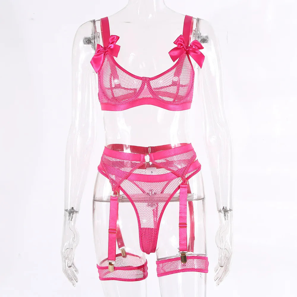 Lingerie Sexy néon avec chaussettes, sous-vêtements transparents en dentelle avec nœud papillon, maille transparente, ensembles transparents, 5 pièces