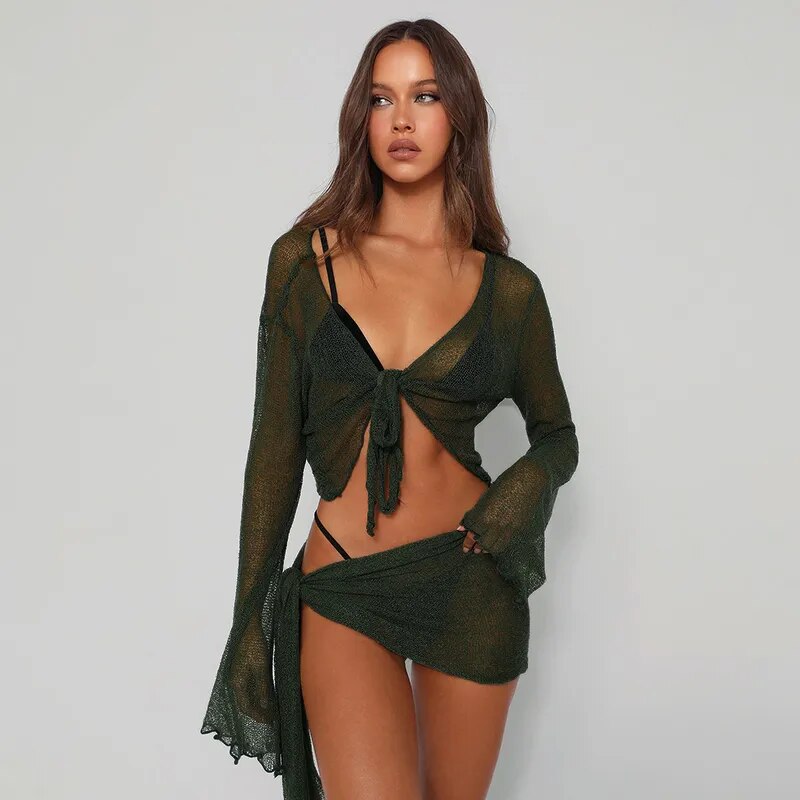 CUTENOVA Womens 2 Piece Cover Up See Through Swimsuit Sheer Mesh Tie Knot Long Sleeve Crop Top and Mini Wrap Skirt Sarong Outfit