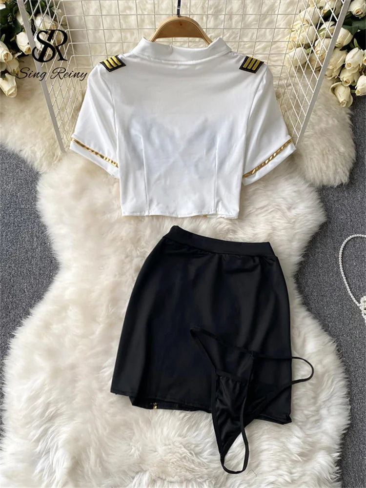 Uniform Cosplay  Night Suits Ladies Sheer Lace Mini Top+Short Skirt+Sensual Thongs Fashion  Sexy Nightwear Wanita