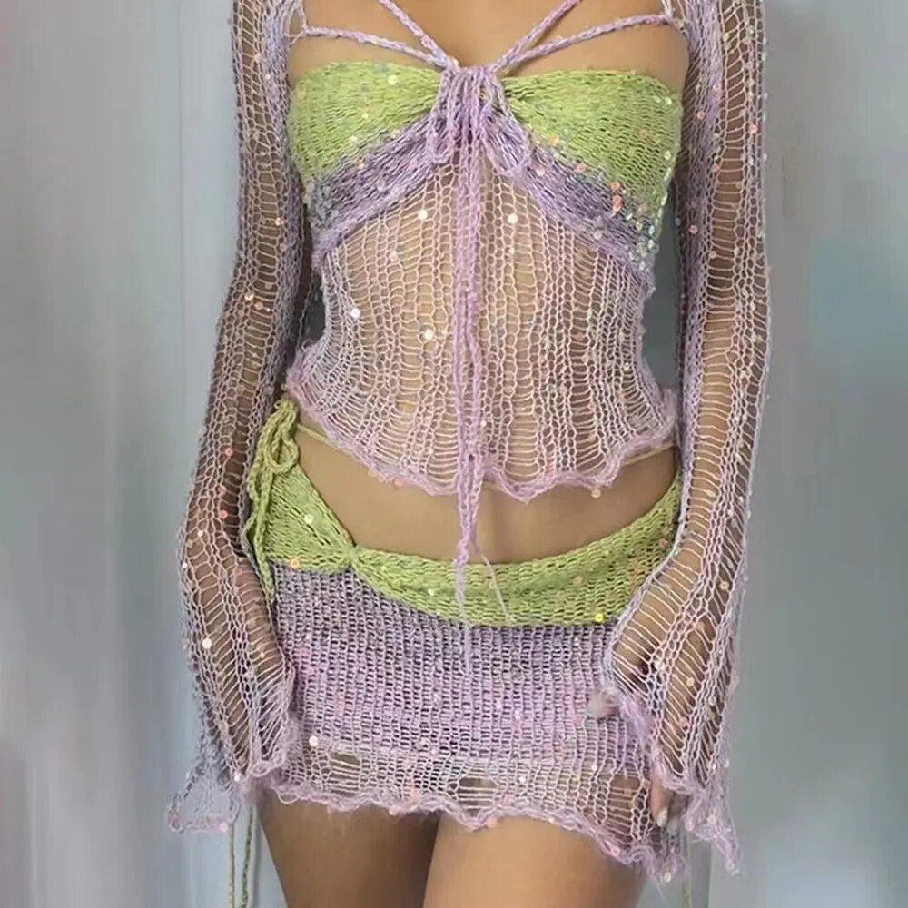 Crochet Knitted Dress Two Piece Skirt Sets Sexy Crop Tops Knit Sequin Dress 2023 Summer